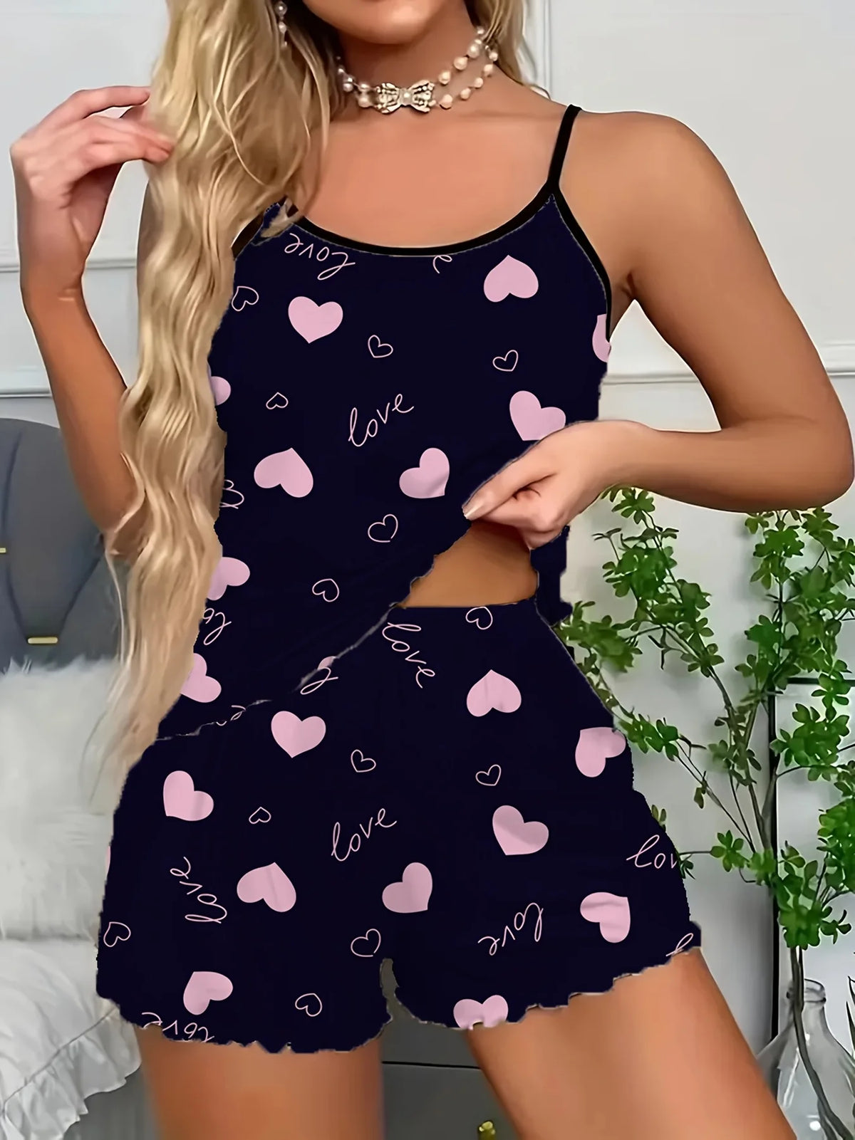 1 Set Sexy Women's Pajama Set,Bow Heart Print Backless Crop Top and Shorts,Comfortable Loose Fit Summer Sleepwear