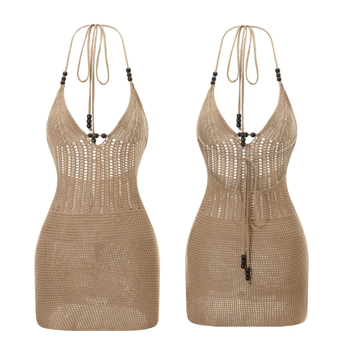 Women Backless Halter Mini Dress Casual Summer Knit Crochet Cutout Bodycon Party Dress for Beach Club Streetwear