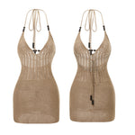 Women Backless Halter Mini Dress Casual Summer Knit Crochet Cutout Bodycon Party Dress for Beach Club Streetwear