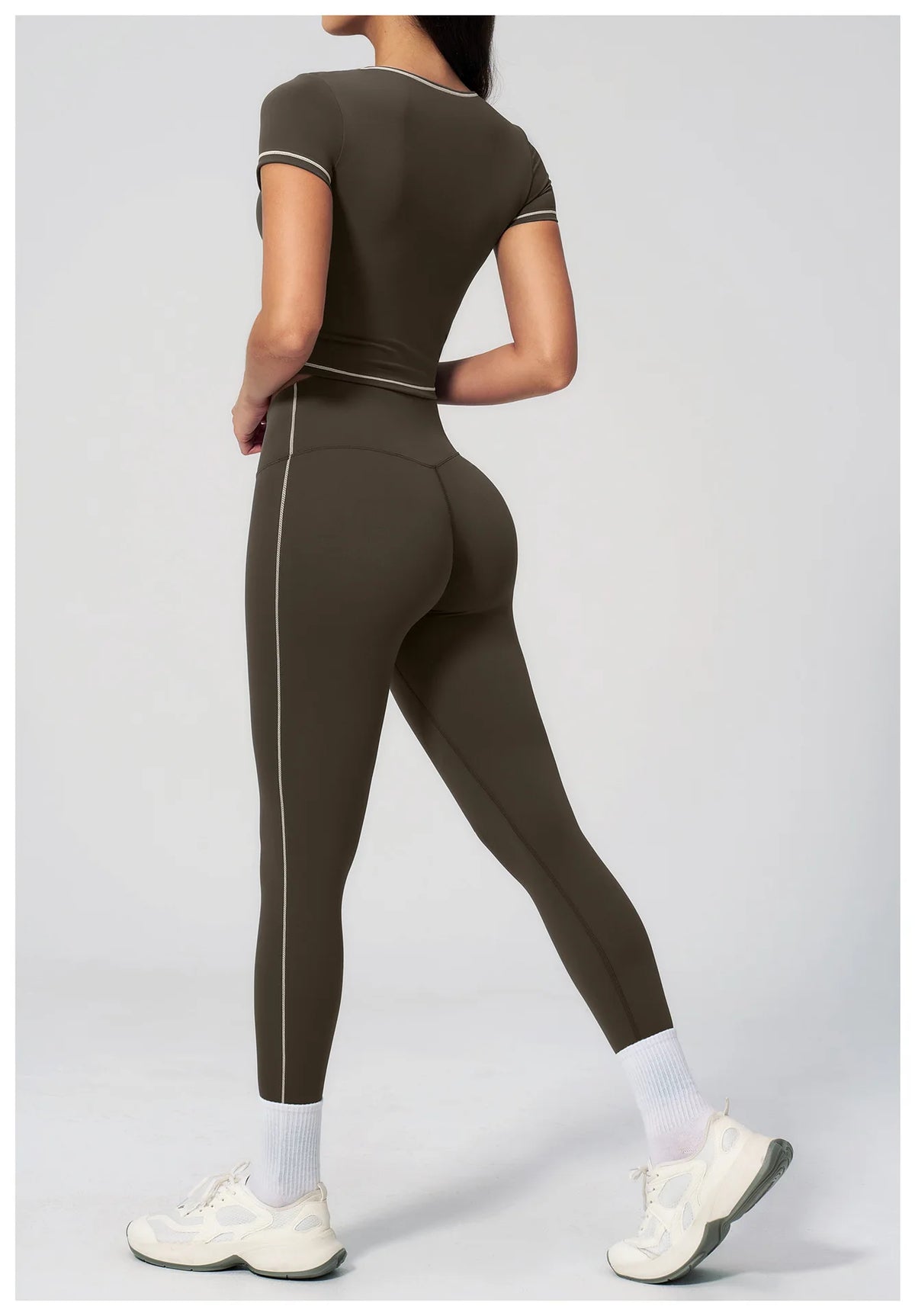 2PC Color Contrast Yoga Suit Women Short Sleeve Square Collar Slim Sports Top Fitness Suits Outdoor Exercise Leggings Tracksuit
