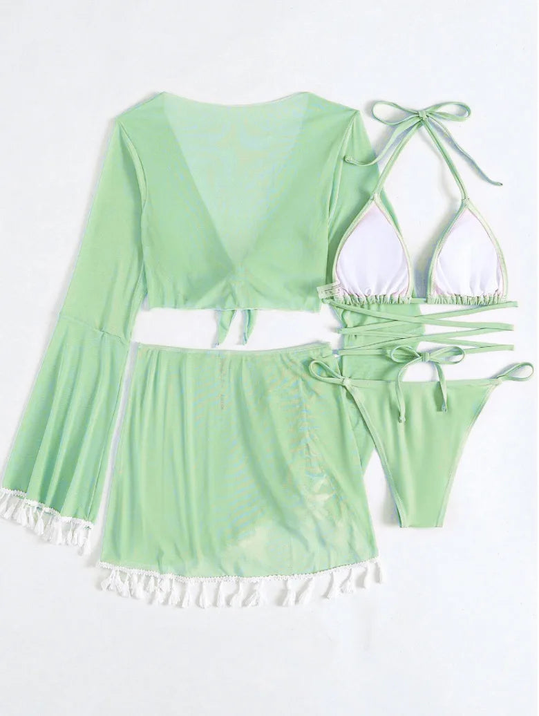 Sexy 4pcs Boho Tassels Trim Bikinis Sets Ladies Padded Bikini Set +cover Up Tops Skirts Beachwear Bathing Suit Biquini Monokini