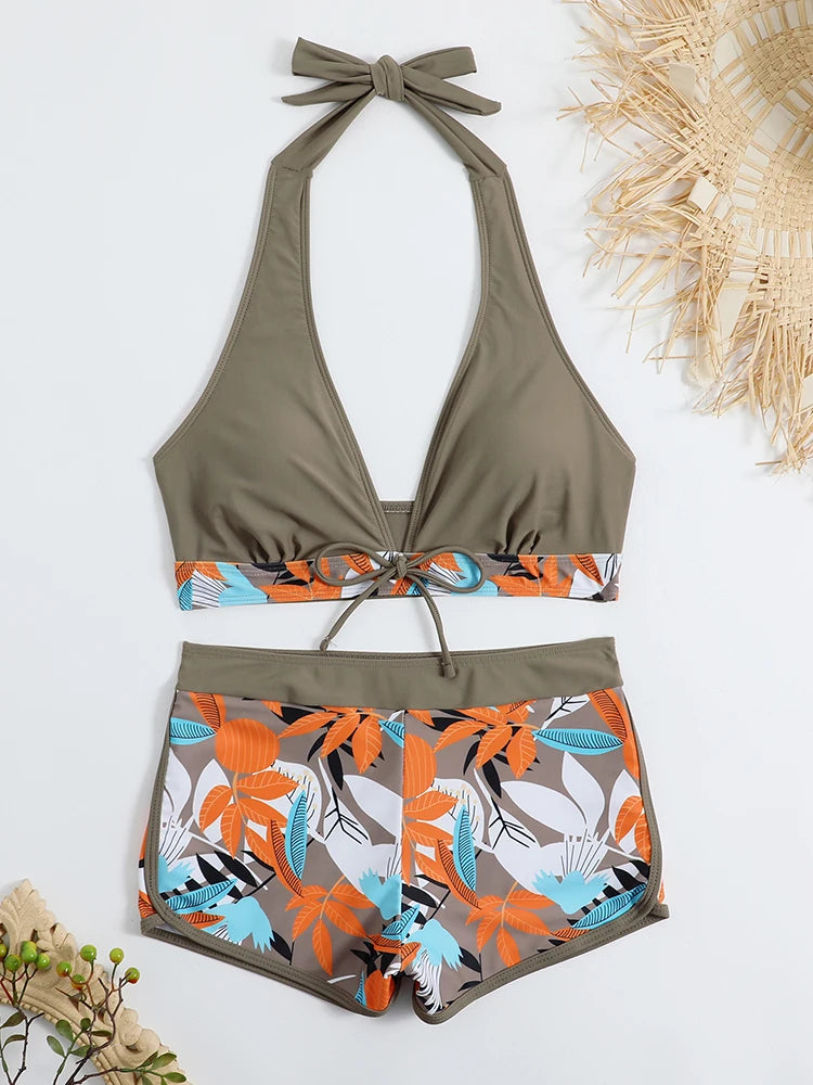 2026 Halter Bikini Set Short Swimsuit Women High Waist Swimwear Female Printed Bathers Swimming Bathing Swim Suit Beachwear