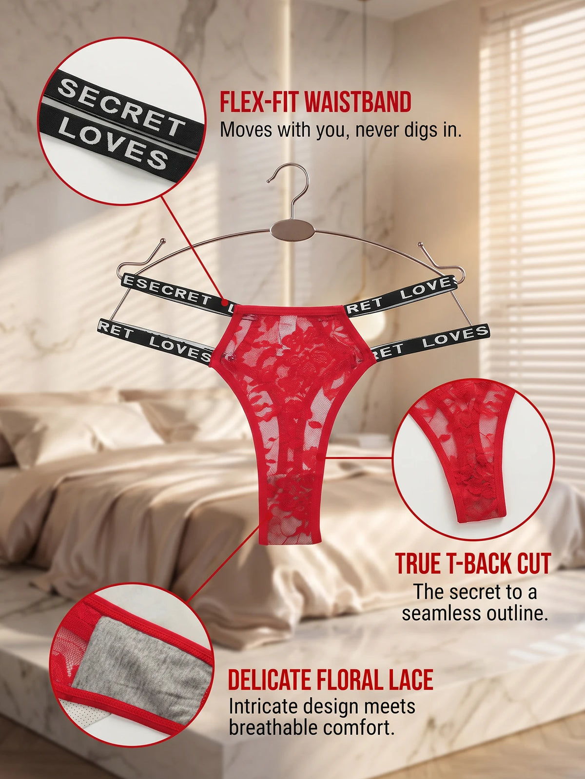 Women Red Lace Thong Sexy T-back Panties Letter Waistband No Digging Elastic Band Sheer Comfortable Daily Lingerie C856