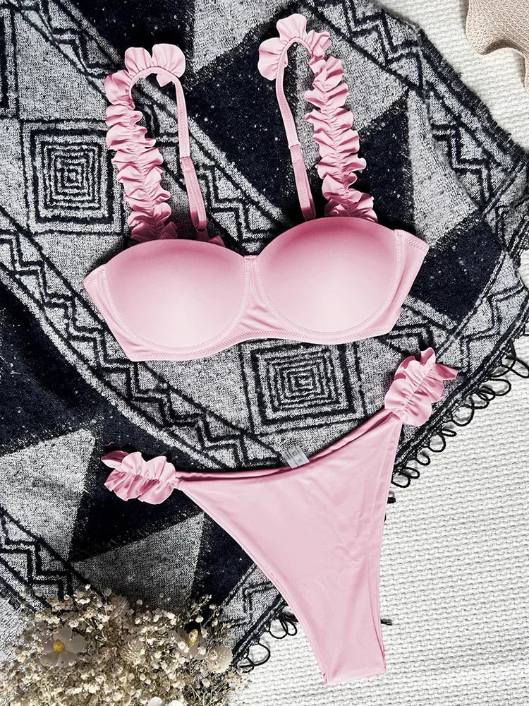 Underwired Bra Cup Ruffled Frill Bikini Women Swimsuit Female Swimwear Two Pieces Bikini Set Push Up Bathing Suit Swim Beachwear
