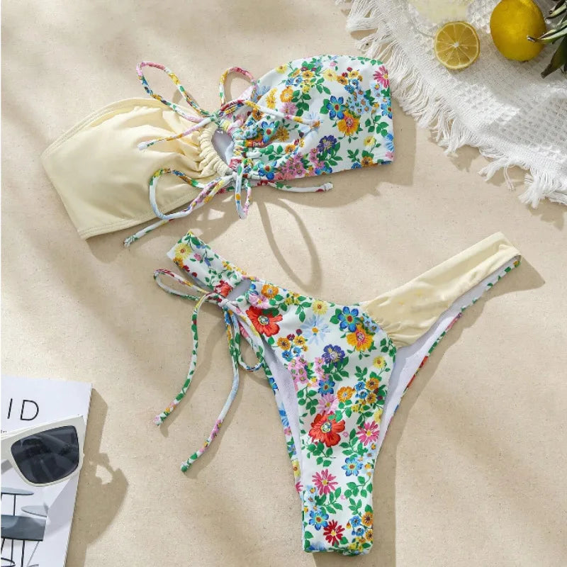New Sexy Floral Print Bandeau Bikini 2024 Women Swimwear Female Swimsuit Two Pieces Thong Bikini Set Bather Tie Bathing Suit