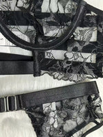 French sexy halterneck embroidered mesh see-through patchwork sexy underwear panties garter set