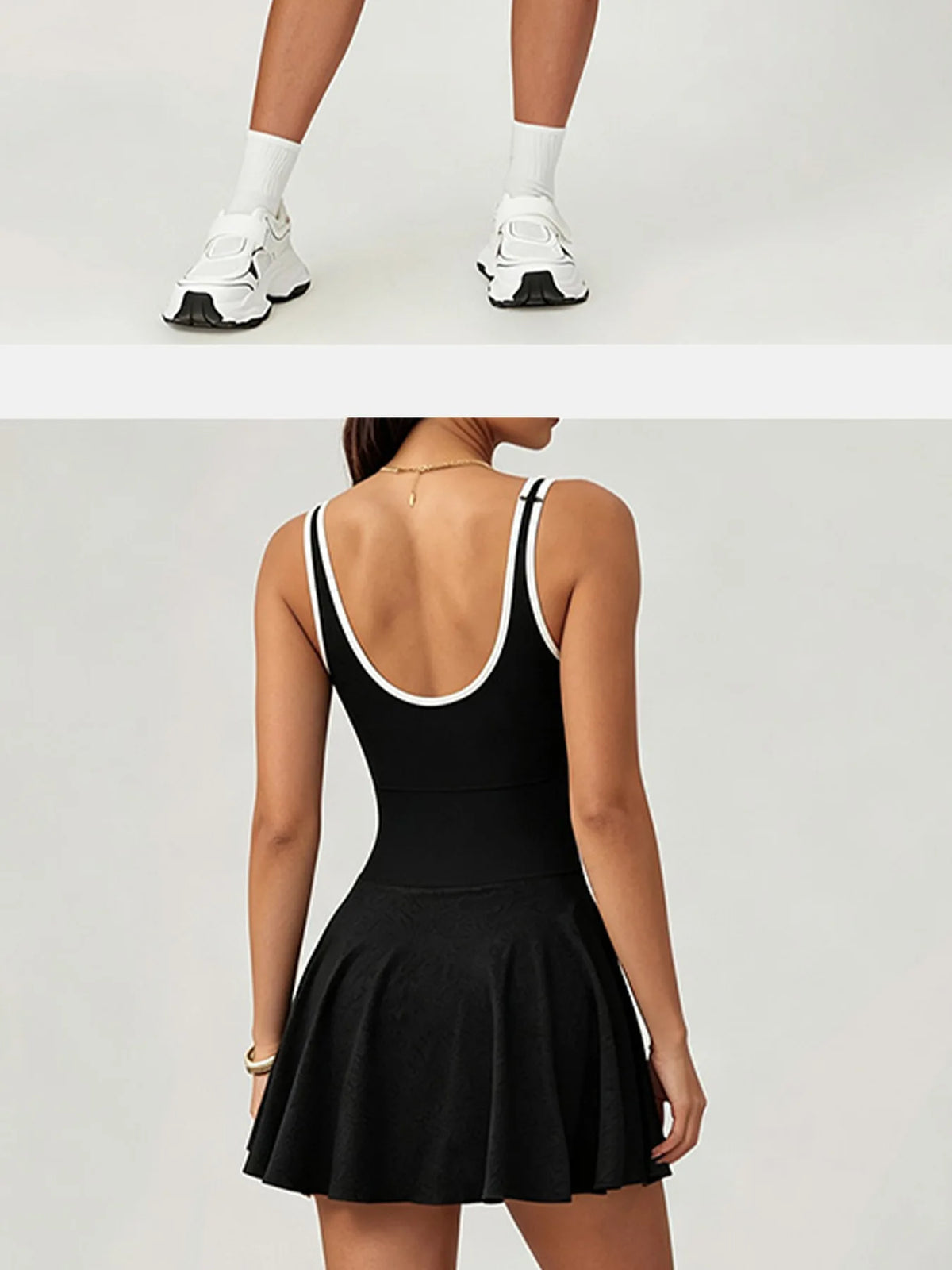 Naked Breathable Tennis Dresses with Built-in Pocket Shorts Women Color Contrast Hollow Out Backless Sports Golf Pleate Dress