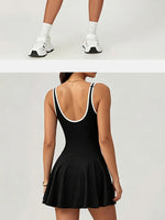 Naked Breathable Tennis Dresses with Built-in Pocket Shorts Women Color Contrast Hollow Out Backless Sports Golf Pleate Dress