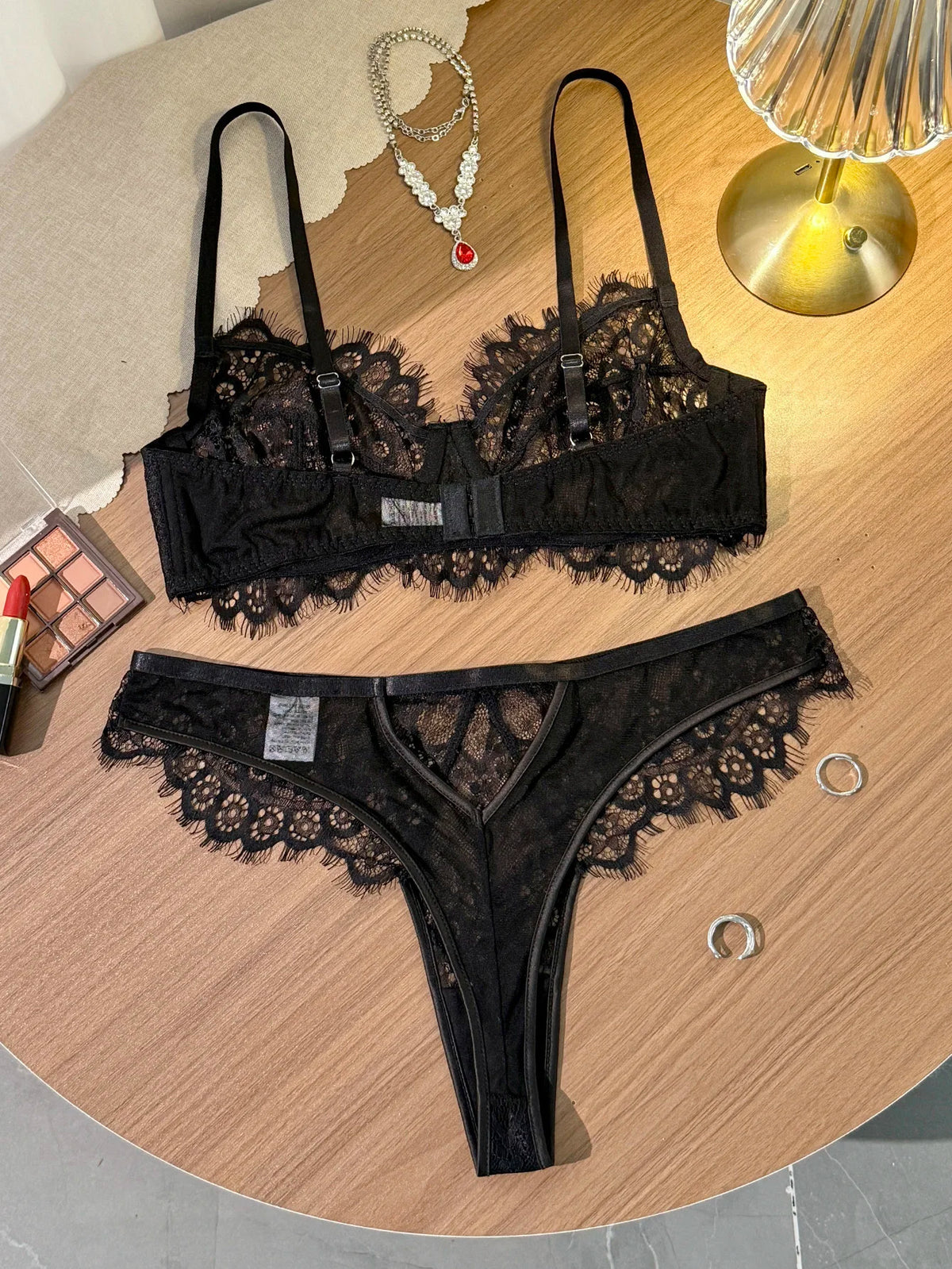 Black Lace Bra and Panty Set – Sexy Sheer Mesh Push-Up Bralette with Scalloped Edges + Thong Lingerie – Romantic Valentine’s Day
