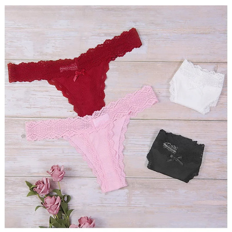 1pcs Low Waist Sexy Lace Elegant Lady Thongs Underwear Solid Breathable Sexy Lingerie Floral Female Panties Bow Women's G-string