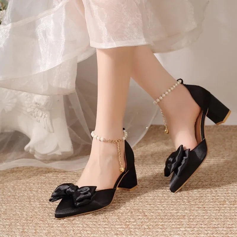 2026 New Pointed Toe Pearl French Heels Block Heel Bow Single Shoes Red Wedding Shoes