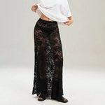 Sexy High Waist Black Lace Skirts for Women 2026 Summer See-through Long Maxi Skirt Female Hollow Out Slim Holiday Party Dress