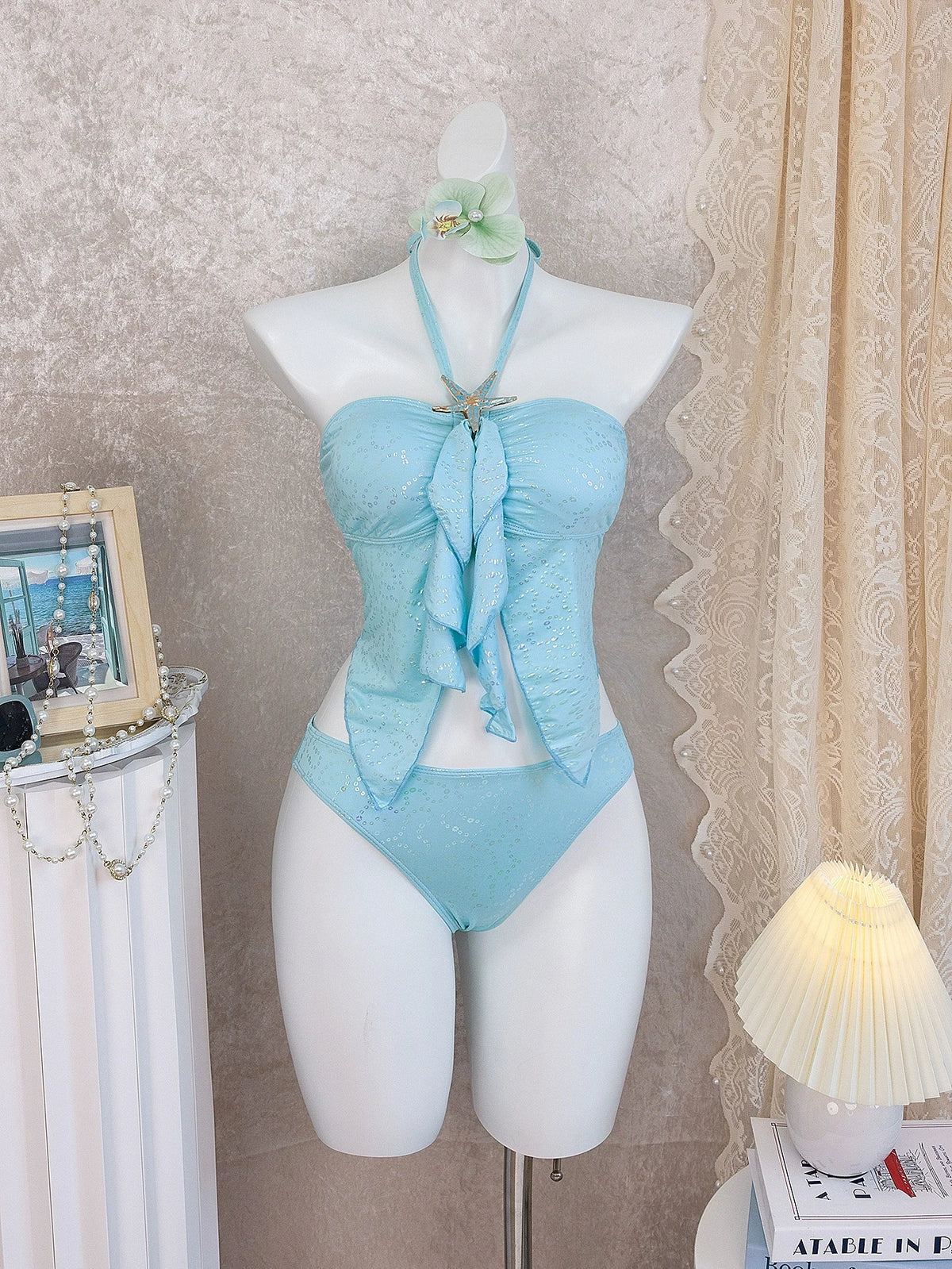 DEKA Women Blue Ruffled Tankini 2-Piece Swimsuit with Starfish Metal Halter Neck Top & High Waist Bottom Children Bathing Suits