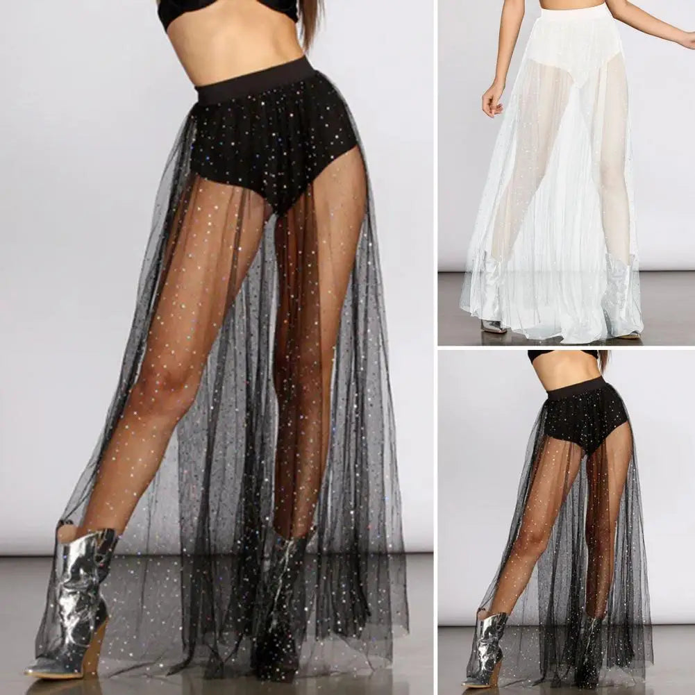 High Waist Pleated Lace Mesh Yarn Skirt Sexy Perspective Skirt Elastic Shiny Rhinestones Decor Maxi Skirt Nightclub Daily Wear