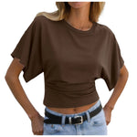 Y2k Solid Cotton O-Neck Ruched Waist Short Top Women Short-Sleeved Loose T-Shirt Causal All-Match Short Summer Basic T Shirts