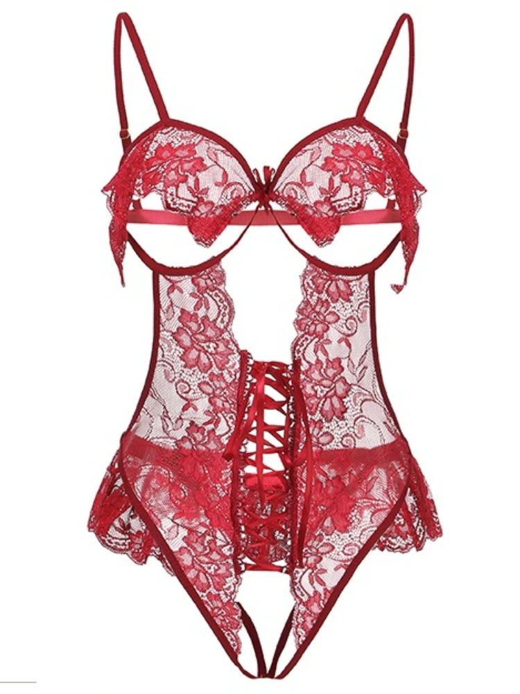 Women Sexy Faux Leather Bodysuit with Choker Chain Wrist Cuffs Hollow Out One-Piece Lingerie Erotic Nightwear for Clubing Party