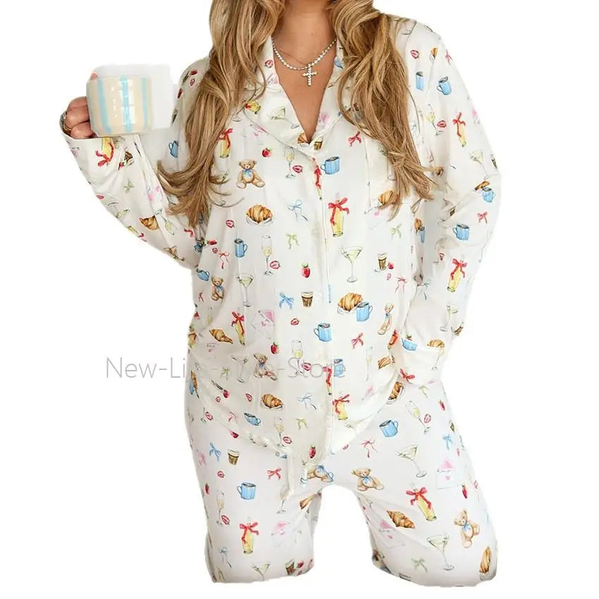 Women Autumn Winter Milk Silk Knit Pajama Set Lapel Open Front Printed Top Straight Pants European Style Ladies Sleepwear