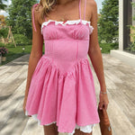 Summer Plaid Mini Cami Dress for Women Fashion Slim Ruffle Trim Tie-up Spaghetti Strap A-line Dresses for Daily Party