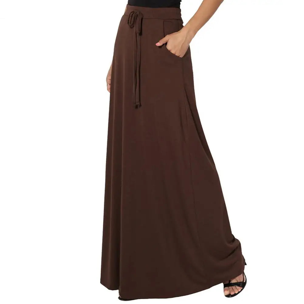 Women Maxi Skirt Adjustable Drawstring High-Waisted Solid Color Long Skirt with Pockets Casual Work Skirt Skirts for women