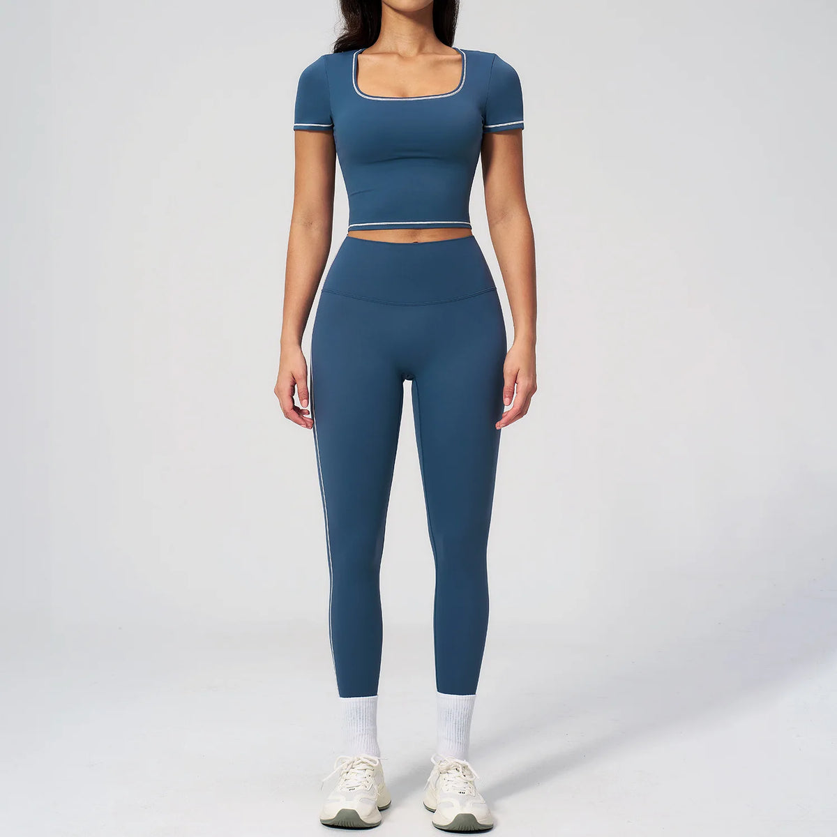 2PC Color Contrast Yoga Suit Women Short Sleeve Square Collar Slim Sports Top Fitness Suits Outdoor Exercise Leggings Tracksuit