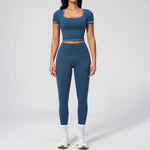 2PC Color Contrast Yoga Suit Women Short Sleeve Square Collar Slim Sports Top Fitness Suits Outdoor Exercise Leggings Tracksuit