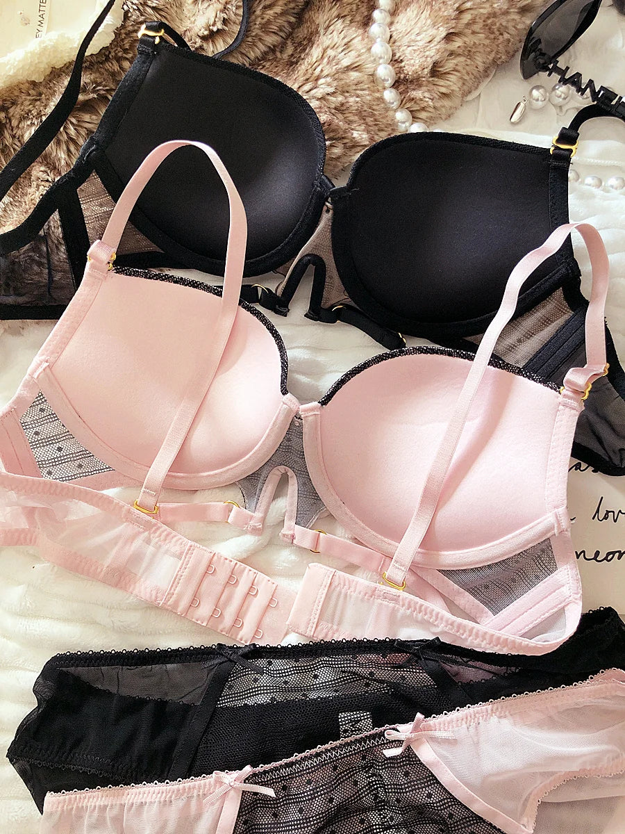 Sexy Hollow Underwear Set for Women 3/4 Cup Push Up Bra Lace Splicing Color Brassiere and Panties Ladies Intimates Lingerie