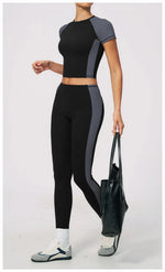 Nake Yoga Set Women's Tracksuit Color Contrast Short Sleeve Slim Sports T Shirts High Waist Leggings Fitness Clothes Gym Outfits