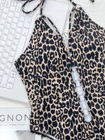 2026 New Sexy One Piece Swimsuit Swimwear Women Leopard Hollow Halter One-piece Bathing Suit Beachwear Metal Ring Decor Bikinis
