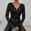 Women Sexy Base Layer Shirt Solid Black Sheer Lace Top Slim Flower Scallop Trim V Neck Long Sleeve T-shirt Trendy Tight Lace Top