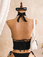 Sexy Black Plaid Print Holiday Bikinis Sets 2026 Women Bandage Cross Fishbone Top 3 Piece Swimsuit Summer Bathing Suit Swimwear