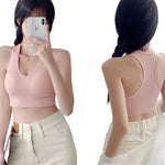 2Pcs/Set Women Deep V Neck Y-Back Padded Tank Bra Rib Cropped Tank Bralette Racerback Strap Daily Inner Top One Size Underwear