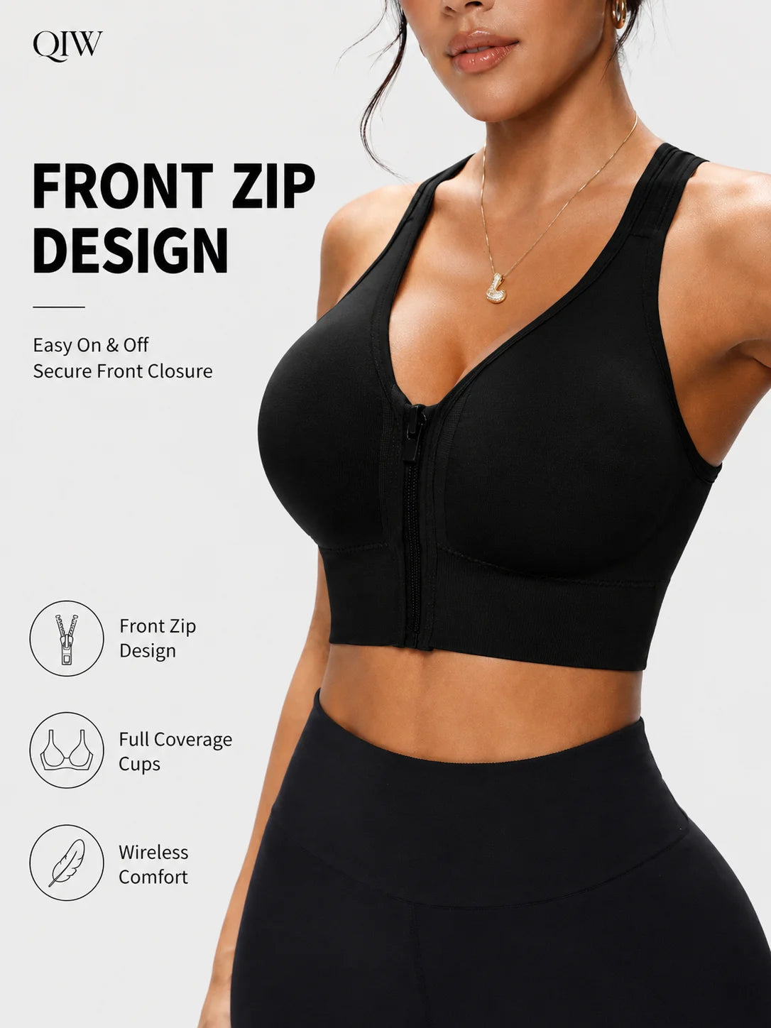 QIW Women's Zip Front Solid Color Sports Bra, Crisscross Back Wireless Bra, Removable Padded Comfort Everyday Workout Bra