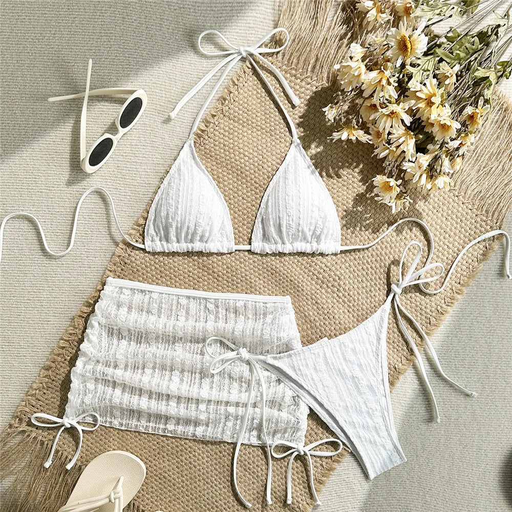 Beige Mesh Cover Ups Swimwear Halter String Triangle Bikinis Sets 3 Pieces Micro Thong Sexy Swimsuit Women 2026 Bathing Suit