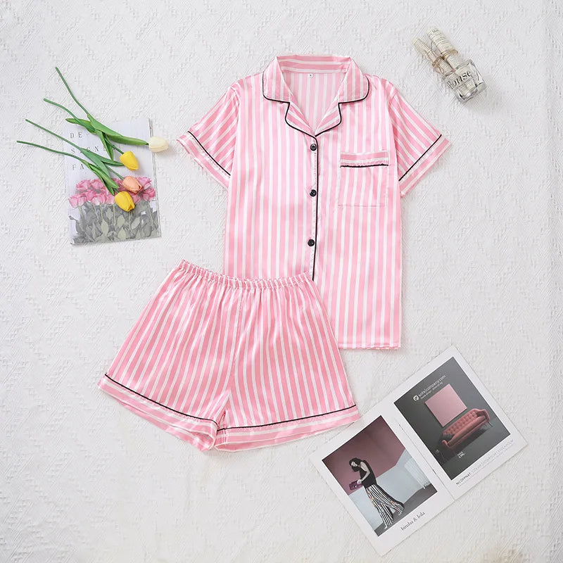 Women Pink Striped Satin Silk Pajamas Set Short-Sleeved V-neck Top and Shorts High Grade Ladies Sleepwear Loungewear