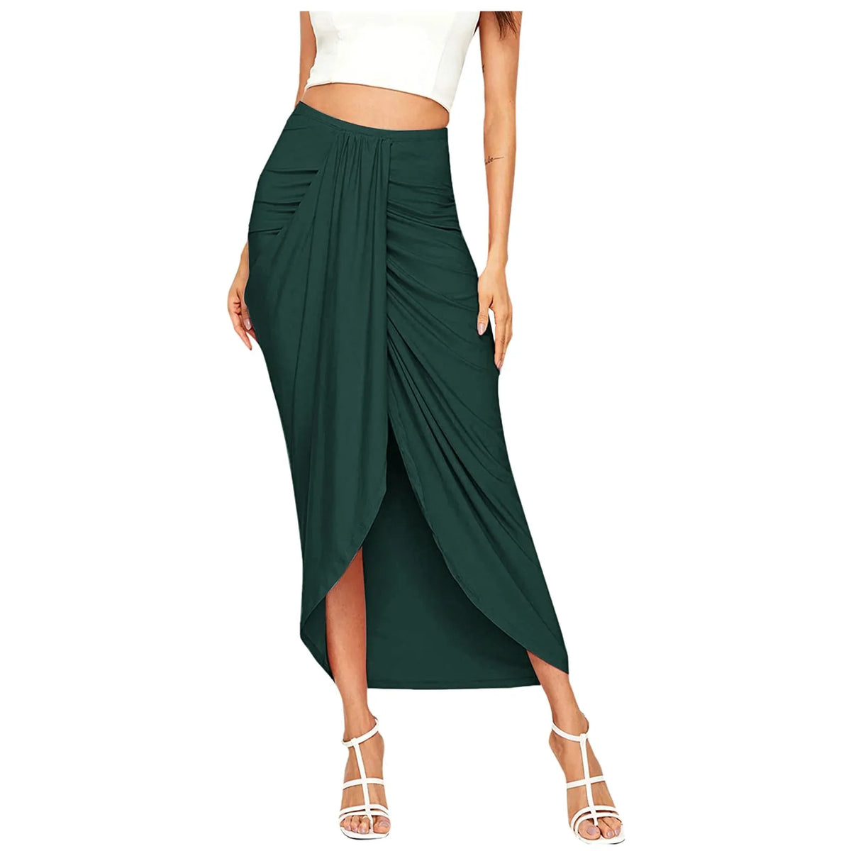Women's High Waisted Ruched Maxi Skirt Pleated Solid Asymmetrical Split Hem Long Skirt Casual Draped Wrap Bodycon Summer Skirts