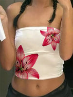 Women's Floral Print Tube Tops Summer Strapless Bandeau Tops Slim Fit Cropped Tank Shirts Streetwear