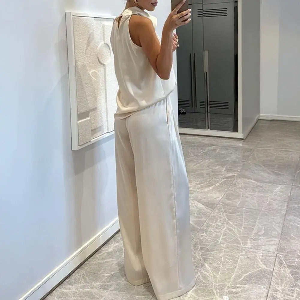 Women 2 Piece Satin Outfits Halter Neck Sleeveless Top And Wide Leg Pants Set Casual Vocation Lounge Set