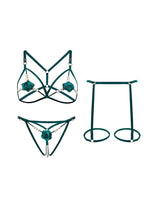 5 Colors Women Black Lace Lingerie Set Strappy Bra Panty Garter Belt Pearl Chain Rose Applique Adjustable Harness Nightwear
