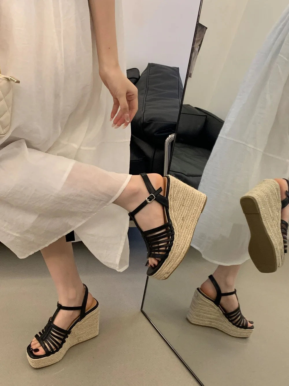 9cm Heeled Wedges Ankle Sandals Black Dress Shoes for Women T-Strap Silver Chunky Heels Summer Platform Bohemia Sandals 2026