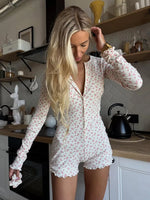 Ahagaga Casual Women Playsuits O-Neck Regular Long Sleeves Print Single Breasted Skinny Homewear Floral Sweet Femlae Rompers
