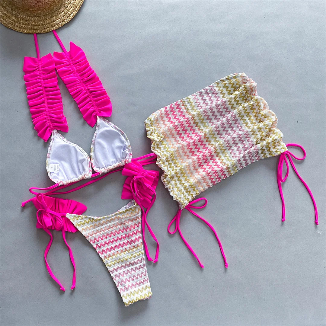 Blue Three-pieces Bikini set With Skirt Waved Ruffled Frilled Bikini Female Swimsuit Women Swimwear Bather Bathing Suit V5235C