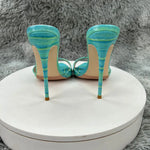 Women's Turquoise Croc Embossed Patent Leather Pointed Toe Stiletto Mules - Slip-On Open Toe High Heel Sandals for Summer Party