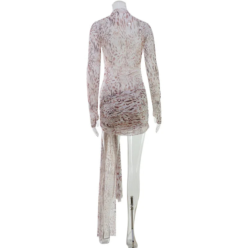 Ahagaga Sexy Sheer Women'Mini Dresses Turtleneck Print Regular Long Sleeves Ribbon Sheath Bodycon Casual Streetwear Female Robe