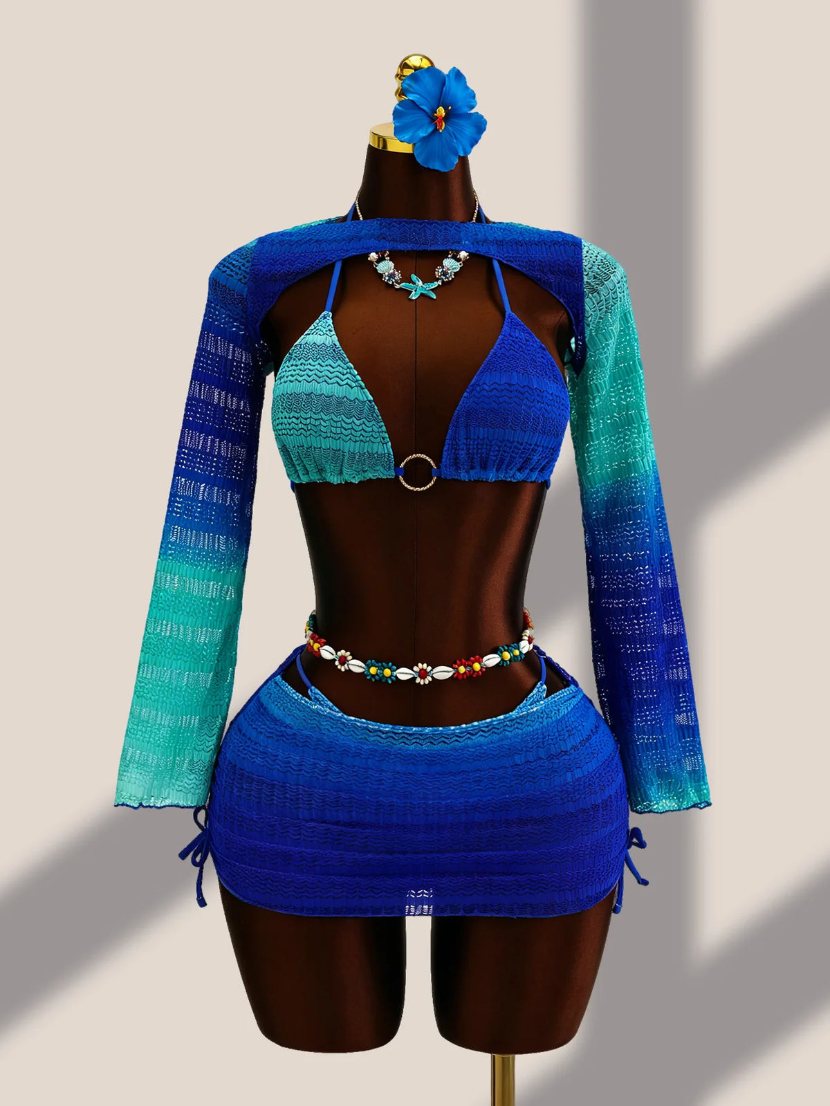 Sexy Blue Gradient Knitted 4 Piece Bikini Set 2026 Swimwear Women Long Sleeve Cover Up Drastring Skirt Holiday Thong Swimsuit