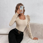 Phantasy New Y2k Tops Fashion Square Collar Slim Leg Sleeve Knitted Bubble Long Sleeve T-shirt Casual Style Vintage Clothing