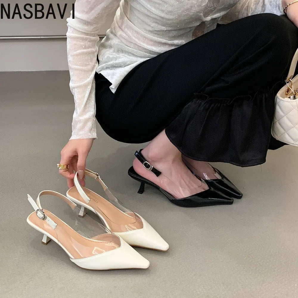Women's Heart Clear Elegant Sandals Pointed Toe Transparent White French Buckle Strap New Summer 2026 Party Mules Dress Shoes