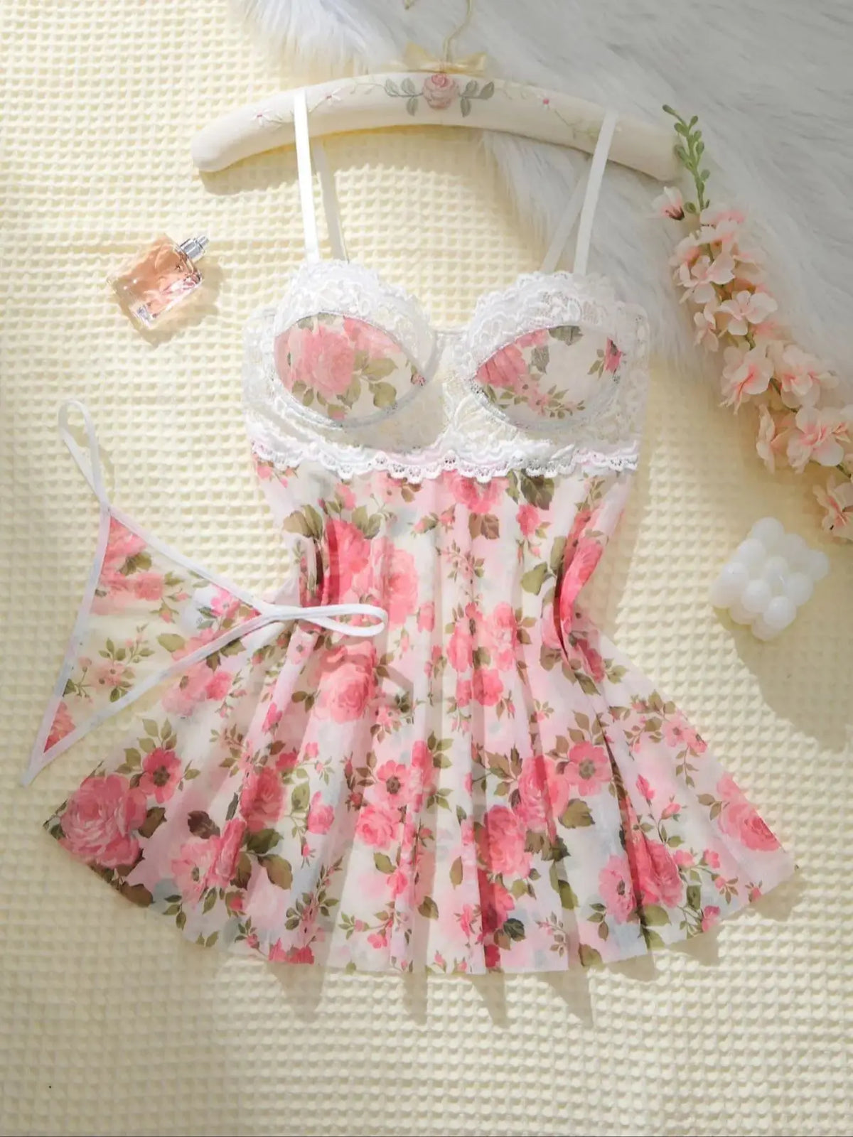 Ladies Pink Cute Floral Semi-Transparent Sleepwear with Lace Design Elegant Comfortable Girlhood Style Nightgown
