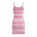 2026 Summer Women's Dress Bohemian Stylish Striped Knitted Tassel Hem Spaghetti Strap Bodycon Mini Dress Casual Beach