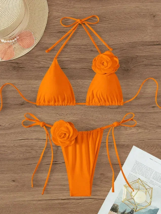 Sexy Bikini Set Women Swimsuit 2024 Black White 3D Floral Print Micro Bikinis Brazilian Cutout Beach Bathing Suit Thong Swimwear