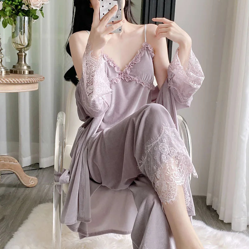 Gold velvet three-piece pajamas set, autumn and winter lace nightgown, sexy home wear with chest pad